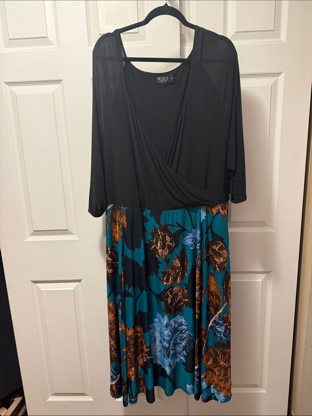 Igigi Black Bodice Teal & Brown Floral Midi Dress